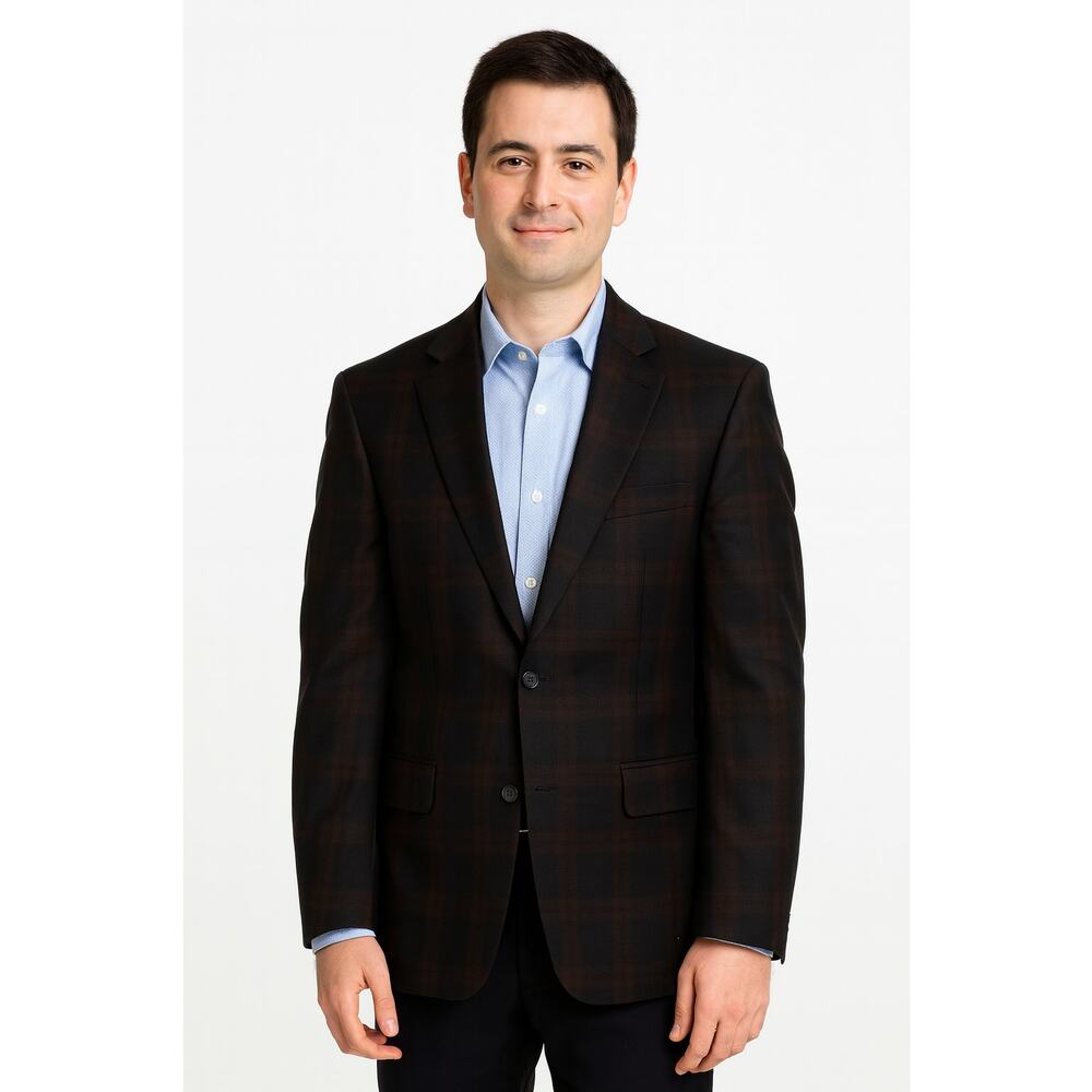 Bar III Mens Slim Fit Plaid Active Blazer Burgundy Navy 38S NWT